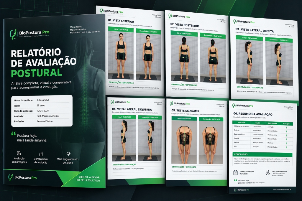 Relatório e Laudo de Avaliação Postural em PDF no BioPostura Pro